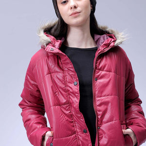 Women's Burgundy Relaxed Fit Solid Puffer Jacket