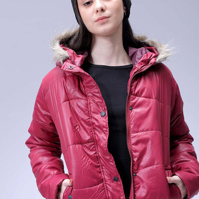 Women's Burgundy Relaxed Fit Solid Puffer Jacket