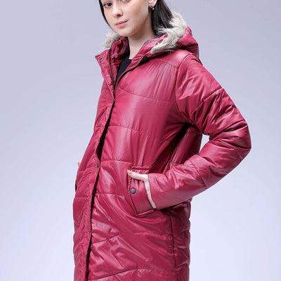 Women's Burgundy Relaxed Fit Solid Puffer Jacket