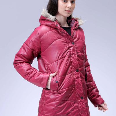 Women's Burgundy Relaxed Fit Solid Puffer Jacket