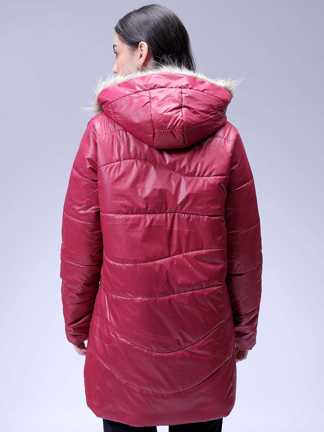 Women's Burgundy Relaxed Fit Solid Puffer Jacket