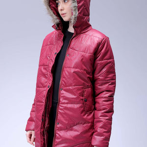 Women's Burgundy Relaxed Fit Solid Puffer Jacket