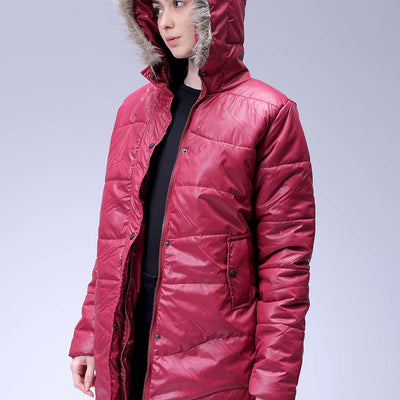 Women's Burgundy Relaxed Fit Solid Puffer Jacket