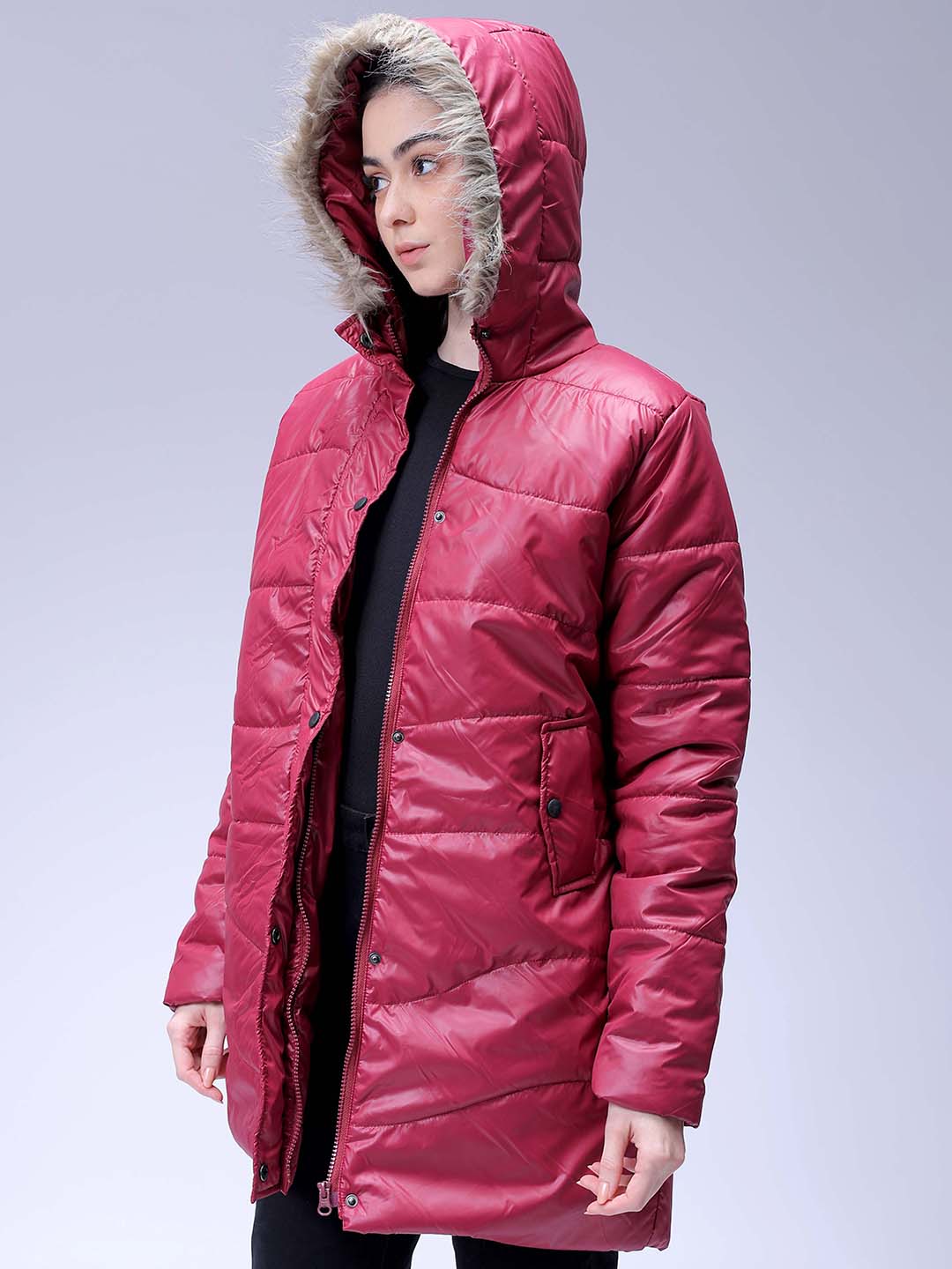 Women's Burgundy Relaxed Fit Solid Puffer Jacket