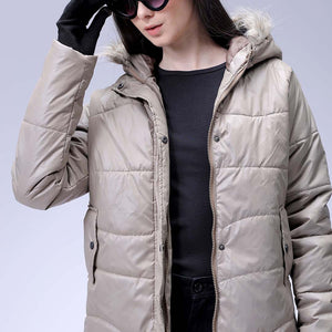 Women's Beige Relaxed Fit Solid Puffer Jacket