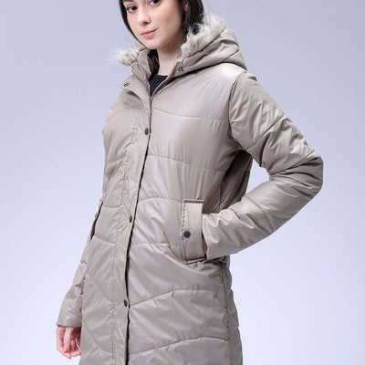 Women's Beige Relaxed Fit Solid Puffer Jacket