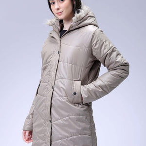 Women's Beige Relaxed Fit Solid Puffer Jacket