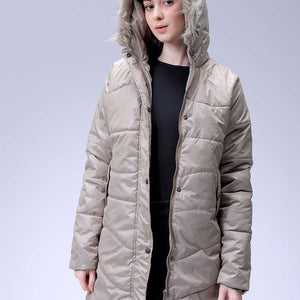 Women's Beige Relaxed Fit Solid Puffer Jacket