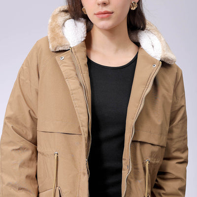 Women's Beige Regular Fit Solid Parka Jacket