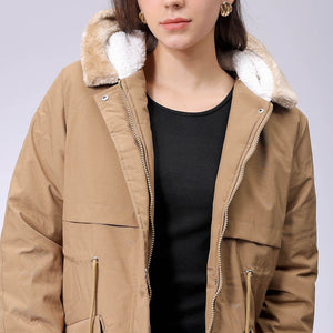 Women's Beige Regular Fit Solid Parka Jacket