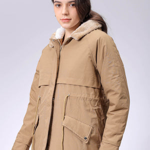 Women's Beige Regular Fit Solid Parka Jacket