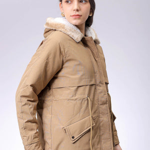Women's Beige Regular Fit Solid Parka Jacket