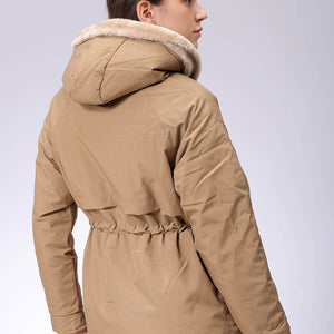 Women's Beige Regular Fit Solid Parka Jacket