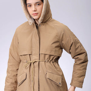 Women's Beige Regular Fit Solid Parka Jacket