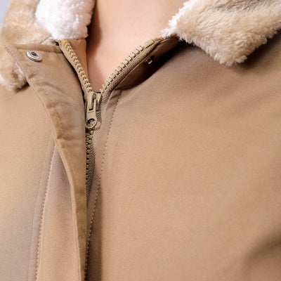 Women's Beige Regular Fit Solid Parka Jacket