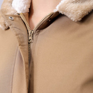 Women's Beige Regular Fit Solid Parka Jacket