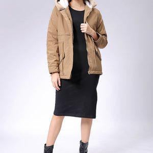 Women's Beige Regular Fit Solid Parka Jacket
