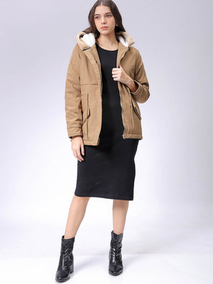 Women's Beige Regular Fit Solid Parka Jacket