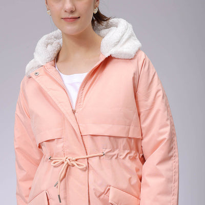 Women's Pink Regular Fit Solid Parka Jacket