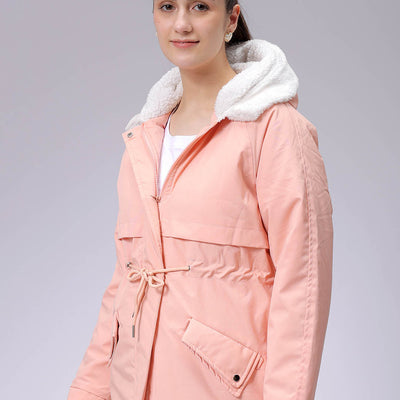 Women's Pink Regular Fit Solid Parka Jacket