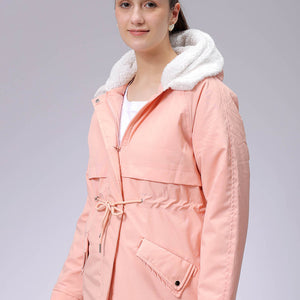Women's Pink Regular Fit Solid Parka Jacket