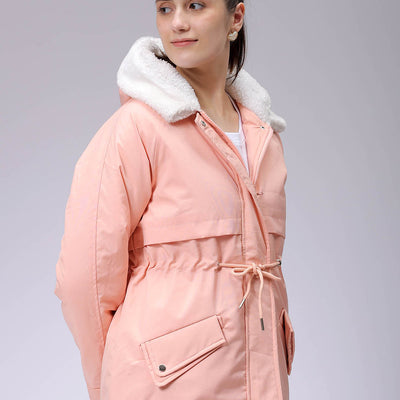 Women's Pink Regular Fit Solid Parka Jacket