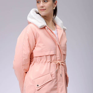 Women's Pink Regular Fit Solid Parka Jacket