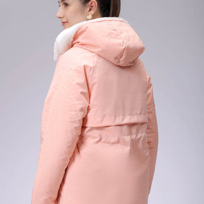 Women's Pink Regular Fit Solid Parka Jacket