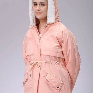 Women's Pink Regular Fit Solid Parka Jacket