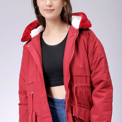 Women's Maroon Regular Fit Solid Parka Jacket