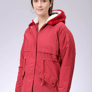 Women's Maroon Regular Fit Solid Parka Jacket
