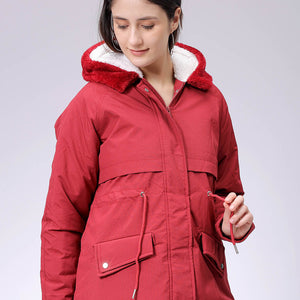 Women's Maroon Regular Fit Solid Parka Jacket
