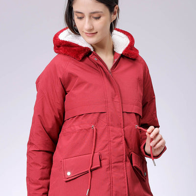 Women's Maroon Regular Fit Solid Parka Jacket