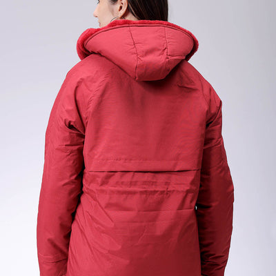 Women's Maroon Regular Fit Solid Parka Jacket