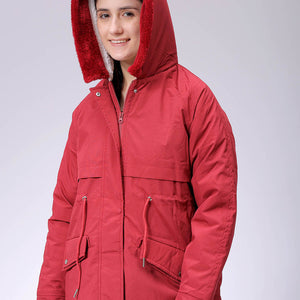 Women's Maroon Regular Fit Solid Parka Jacket