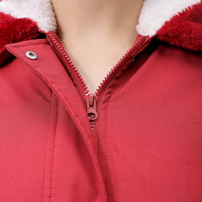 Women's Maroon Regular Fit Solid Parka Jacket