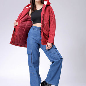 Women's Maroon Regular Fit Solid Parka Jacket