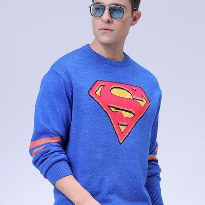 Men's Blue Relaxed Fit Superman Printed Crew Neck Jacquard Sweater