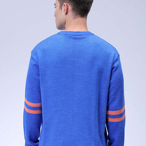 Men's Blue Relaxed Fit Superman Printed Crew Neck Jacquard Sweater