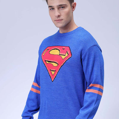 Men's Blue Relaxed Fit Superman Printed Crew Neck Jacquard Sweater