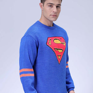 Men's Blue Relaxed Fit Superman Printed Crew Neck Jacquard Sweater