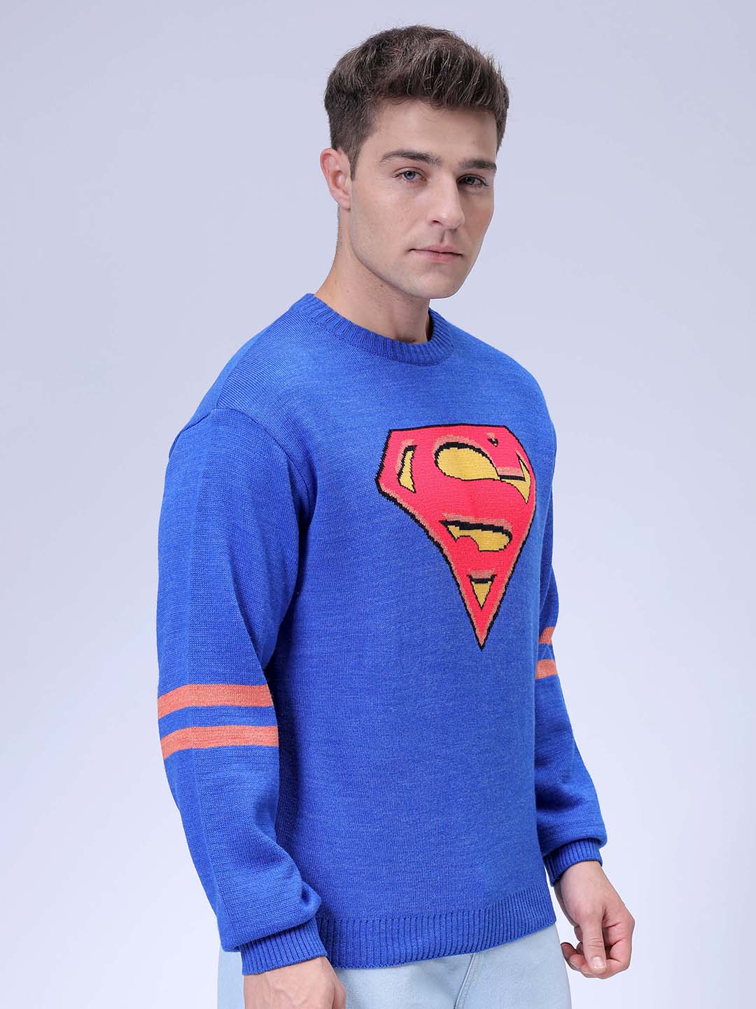 Men's Blue Relaxed Fit Superman Printed Crew Neck Jacquard Sweater