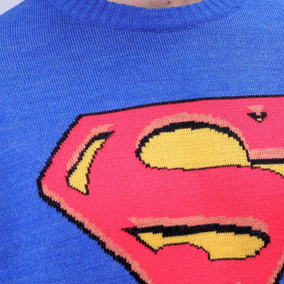 Men's Blue Relaxed Fit Superman Printed Crew Neck Jacquard Sweater