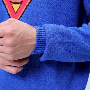 Men's Blue Relaxed Fit Superman Printed Crew Neck Jacquard Sweater