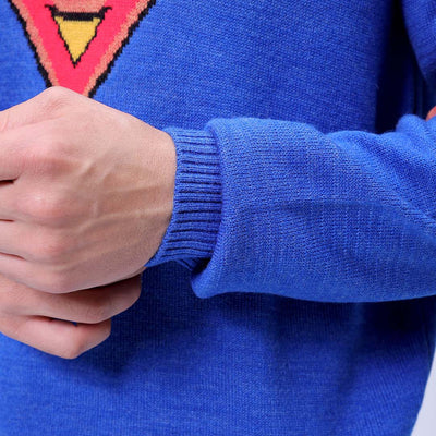 Men's Blue Relaxed Fit Superman Printed Crew Neck Jacquard Sweater
