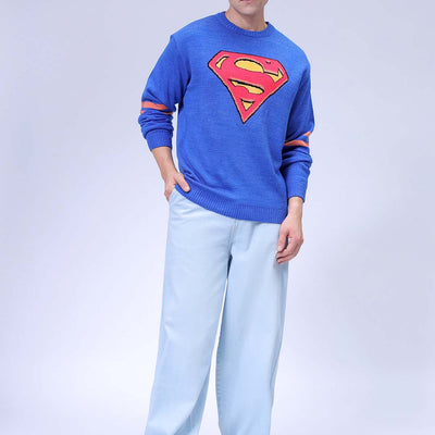 Men's Blue Relaxed Fit Superman Printed Crew Neck Jacquard Sweater