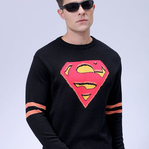 Men's Black Relaxed Fit Character Printed Crew Neck Jacquard  Sweater