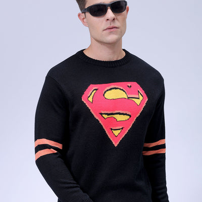 Men's Black Relaxed Fit Character Printed Crew Neck Jacquard  Sweater