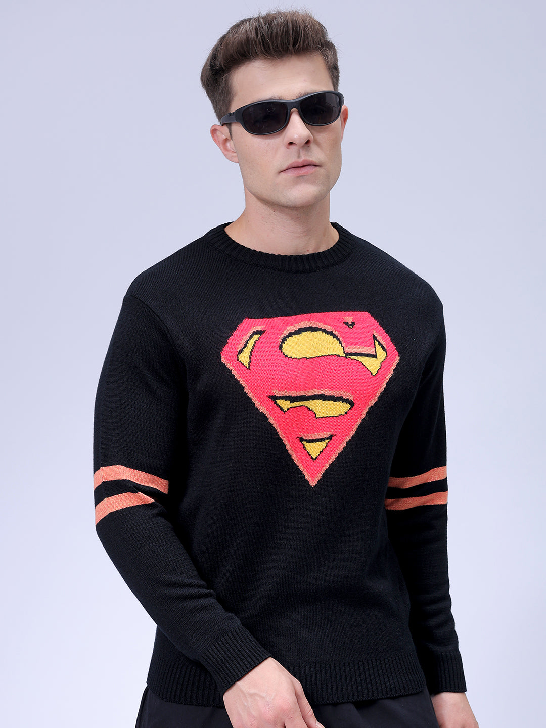Men's Black Relaxed Fit Character Printed Crew Neck Jacquard  Sweater