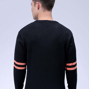 Men's Black Relaxed Fit Character Printed Crew Neck Jacquard  Sweater